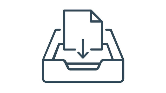 Minimalist vector icon illustration of a paper document with a downward arrow being placed into an office inbox tray. Clean line art for business workflow, file management, and organization.
