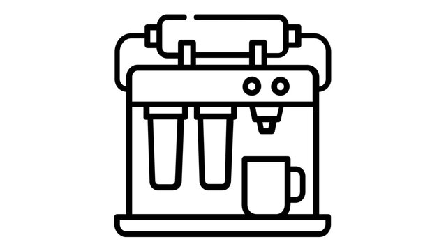 Minimalist water cooler line icon illustration featuring a water purification system with filters and a cup, perfect for office workspace, home kitchen, and healthy hydration vector concepts.