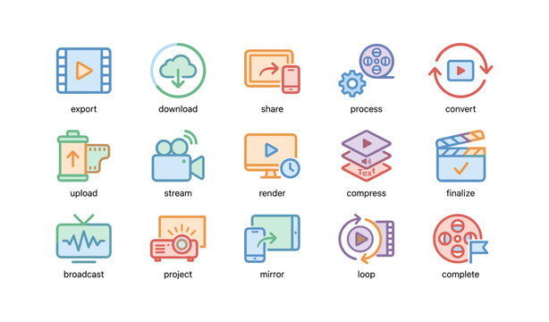 Colorful media icons representing various digital actions and processes