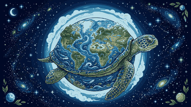 Earth on turtle back in space with stars and planets eco friendly symbol