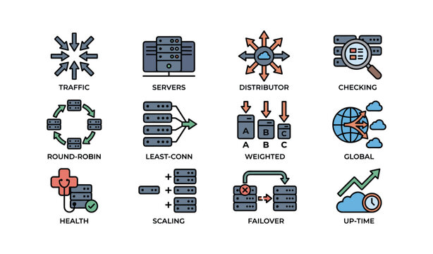 Network infrastructure icons: traffic, servers, global, failover, up-time