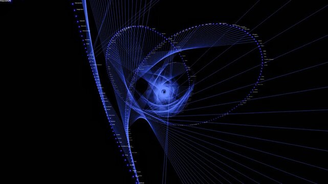 Blue coding orbit network features a complex web of programming terms and data nodes spinning in a futuristic 3D digital simulation over a black background.