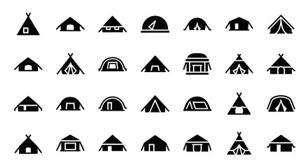 Black tent icons, camping symbols, outdoor shelter graphics, travel illustrations, 25 tent shapes © Professor