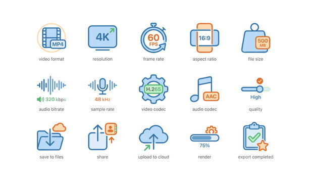 Multimedia settings icons for video and audio encoding and sharing