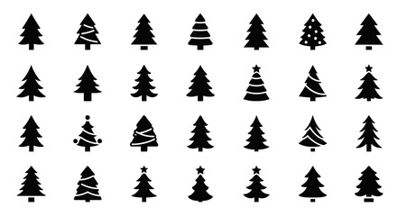 Obraz premium Christmas tree icons, black and white, vector illustrations, 25 trees, holiday symbols, decorations