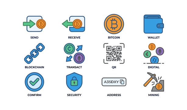 Cryptocurrency icons: send, receive, bitcoin, wallet, blockchain, security