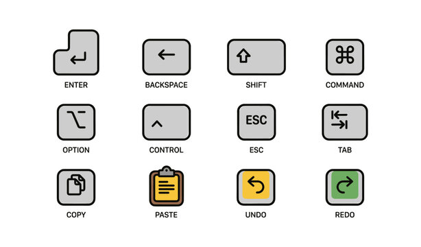 Computer keyboard shortcut icons for enter, control, shift, esc, and more