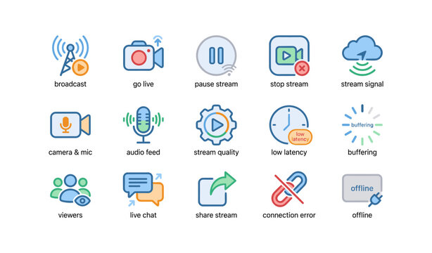 Icons for streaming: broadcast, go live, pause, stop, stream signal, audio, video, connectivity