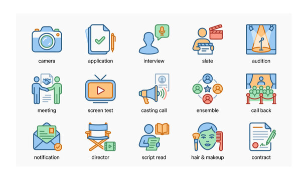 Various icons representing film production processes and elements