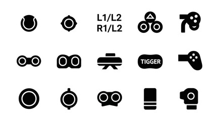 Gaming controller icons, video game symbols, L1/L2 R1/L2 buttons, Tigger logo, controller buttons set, 13 black vector graphics © Professor