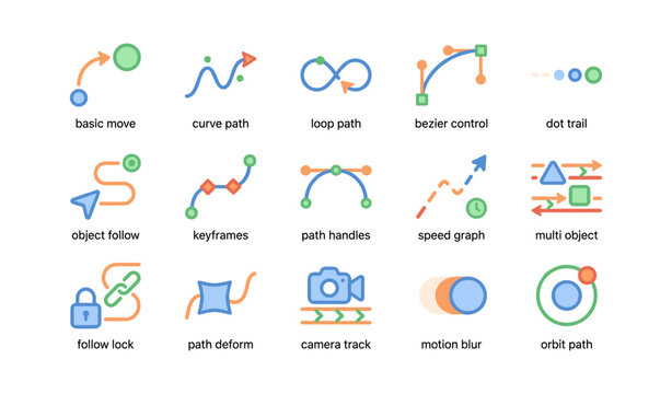 Vector animation icon set featuring path tools and motion effects