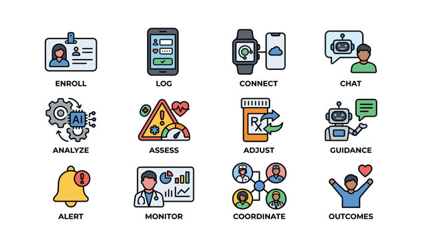 Illustrated icons representing digital platform functions and features