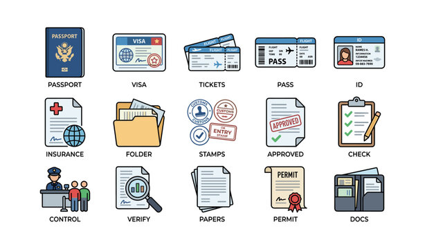 Vector icons of travel documents featuring passports, visas, tickets, and ids