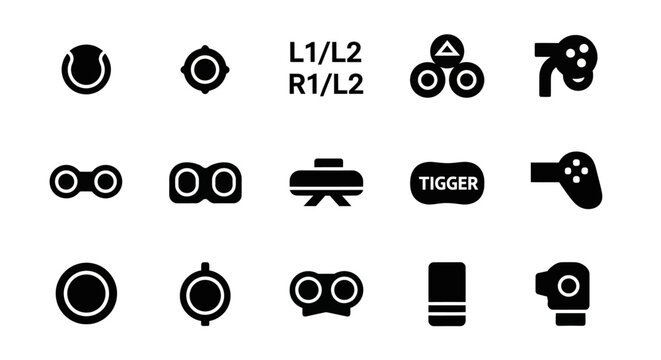 Gaming controller icons, video game symbols, L1/L2 R1/L2 buttons, Tigger logo, controller buttons set, 13 black vector graphics
