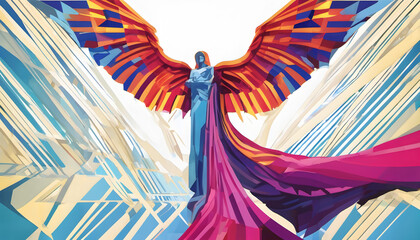 Fototapeta premium Ethereal Winged Figure with Vibrant Geometric Wings in Digital Art Style