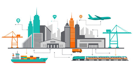 Fototapeta premium Global logistics and transportation network with various shipping modes.