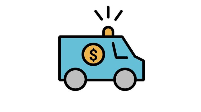 Animated medical ambulance with dollar sign for healthcare costs, medical billing, and expensive emergency services.