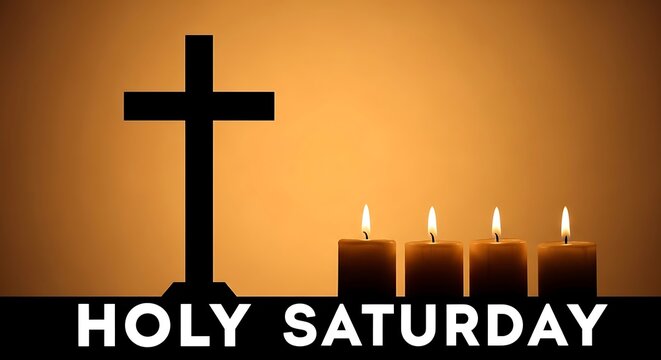 Holy Saturday religious background with Christian cross silhouette, burning candles on dark altar, spiritual Easter vigil atmosphere