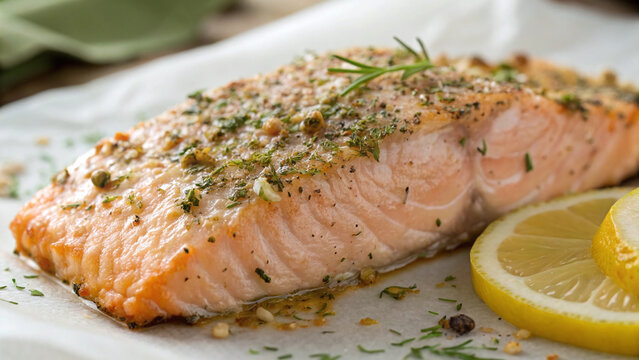 Photorealistic macro baked salmon with flaky texture herb crust glossy surface detailed structure and rich contrast lighting
