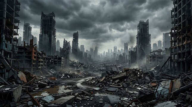Desolate urban cityscape showing widespread destruction and ruined skyscrapers under dark clouds