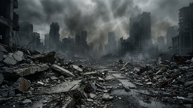 Desolate urban landscape with destroyed buildings and thick smoke in the sky