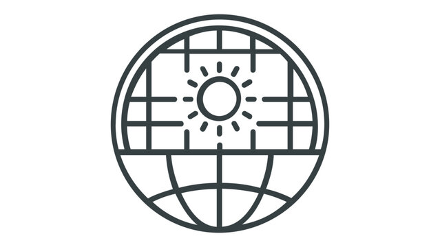Solar power vector icon illustration featuring a globe with a sun and solar panel grid pattern, representing renewable green energy, sustainable environment, and global clean power solutions.