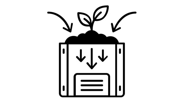 Sustainable ecology and green energy vector icon illustration featuring a small plant seedling growing from soil in a container with arrows representing composting or carbon capture process.