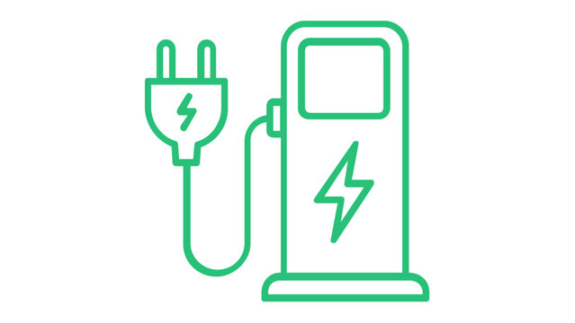 Electric vehicle charging station vector icon illustration. Blue and green gradient line art of an EV power point with a plug and lightning bolt symbol for sustainable green energy and transport.