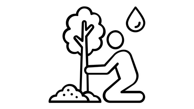 Minimalist vector icon illustration of a person kneeling to plant a young tree with a water drop symbol, symbolizing reforestation, environmental care, sustainability, and green ecology growth.