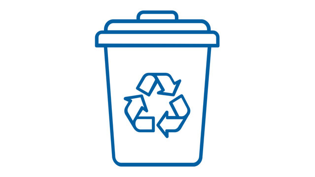 Blue line art vector icon of a recycling bin with a universal recycling symbol, representing waste management, sustainability, and environmental protection, minimalist flat design illustration.
