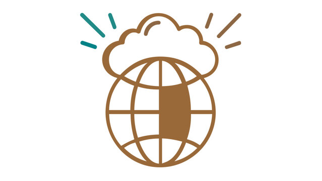 Global environmental sustainability and cloud computing vector icon illustration featuring a stylized globe with a cloud and radiating lines in a teal to brown gradient for eco-tech concepts.