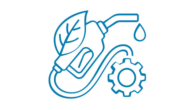 Sustainable biofuel vector icon illustration featuring a gas pump nozzle with a green leaf and mechanical gear, representing eco-friendly energy, renewable fuel sources, and green technology.