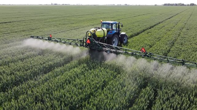 Tractor spraying crop field with agricultural chemicals on a sunny day