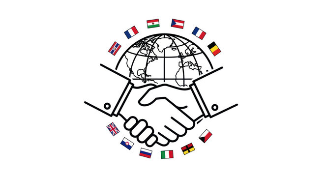 Global Partnership Handshake with Flags Around Globe