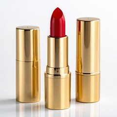 Obraz premium Luxurious red lipstick tubes in gold casings product shot on a reflective surface beauty item for makeup and cosmetics shiny glamour