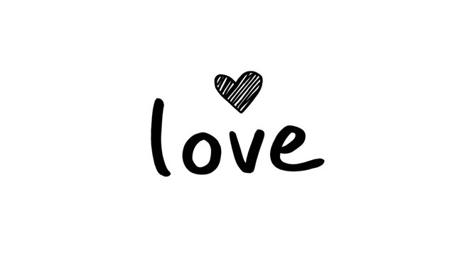 Handwritten 'Love' text with a simple heart doodle. Black and white romantic sentiment word art, perfect for design.