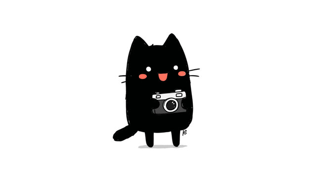 Happy black cartoon cat character holding a vintage camera, smiling illustration. Cute pet photographer with retro equipment on white.
