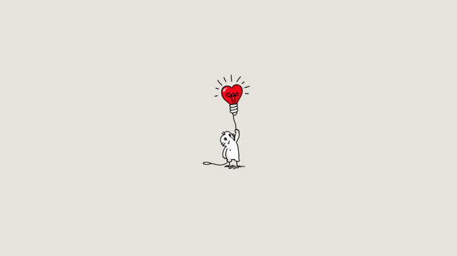 Cute cartoon mouse creature holding a glowing red heart light bulb, symbolizing love, passion, inspiration, and creative ideas on a clean background.