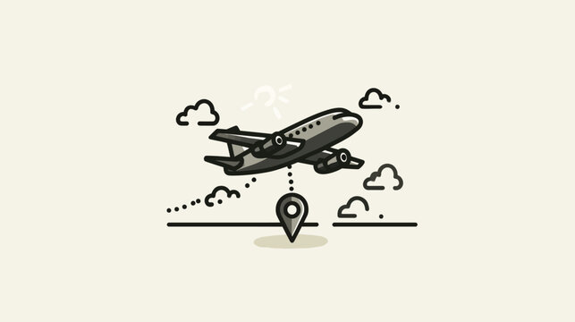 Airplane flying above a map pin with journey path, clouds, and sun. Global travel, vacation, aviation, and destination concept.