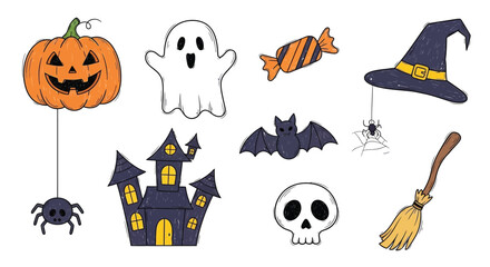 Obraz premium A collection of colorful hand-drawn Halloween cartoon illustrations featuring a pumpkin, ghost, witch's hat, bat, haunted house, skull, broom, and candy.