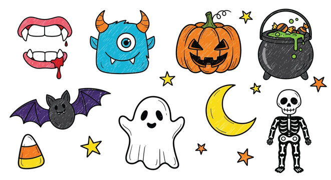A collection of colorful hand-drawn Halloween illustrations featuring a vampire mouth, monster, pumpkin, cauldron, bat, ghost, moon, skeleton, and candy corn.