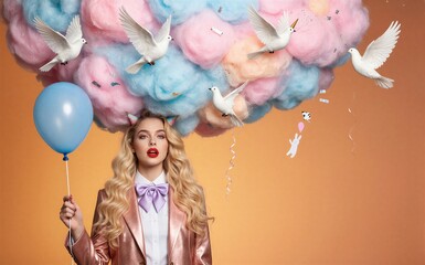Fototapeta premium A woman holds a balloon beneath cotton candy clouds with flying white
