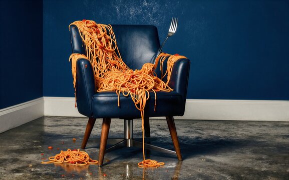 Spaghetti-covered chair with fork messy dining disaster in a blue