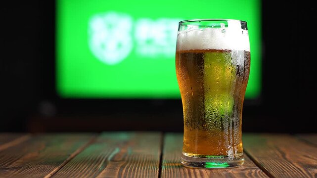 A refreshing pint of golden lager with a frothy head sits on a wooden table, with a blurred green screen in the background, perfect for a relaxed evening