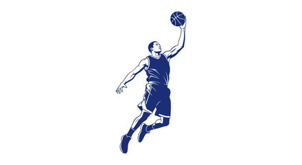 Basketball player dunking, dynamic jump, athletic motion, sports silhouette, blue on white © Joni