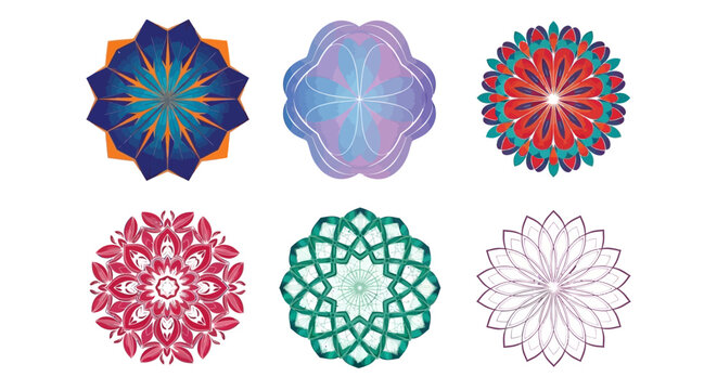 Set of diverse colorful circular mandala patterns and geometric floral design elements