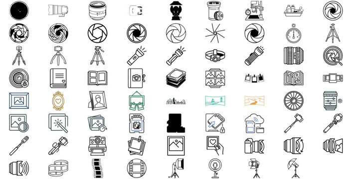 Mega Collection of 71 Photography Vector Icons. Professional Set featuring Camera Lenses, Apertures, Tripods, Darkroom Gear, DSLR, Mobile Vlogging, Flashlights, and Digital Media Graphic Symbols.
