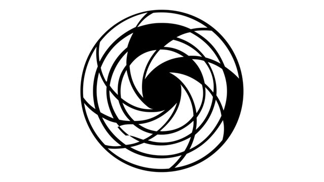Minimalist black and white vector illustration of a camera lens aperture shutter icon, featuring a geometric spiral design for photography, cinematography, and digital imaging, scalable graphic.