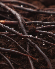 Fototapeta premium Perennial grain roots with water droplets on dark soil, showcasing natural growth and moisture essential for healthy agriculture and sustainable farming