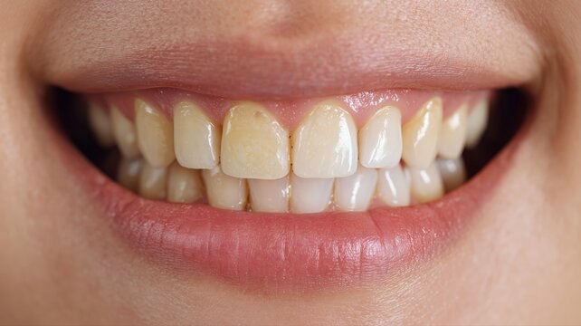 Close-up of a smiling mouth showing stained and discolored teeth. This image is suitable for dental health and oral hygiene topics.